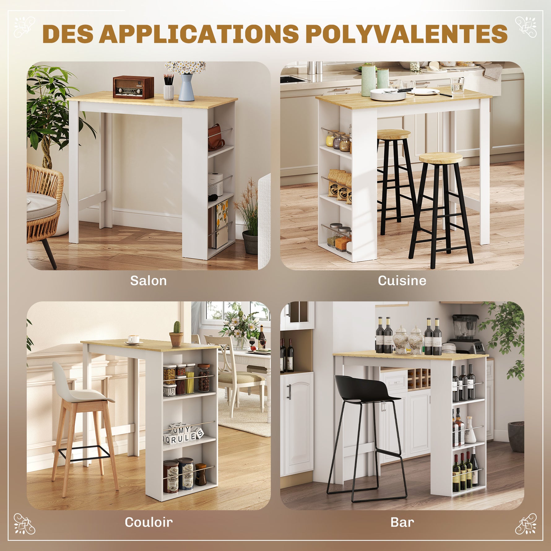 Table de bar table haute de cuisine mange-debout comptoir 112L x 57l x 106H cm - 3 étagères - aspect chêne clair blanc