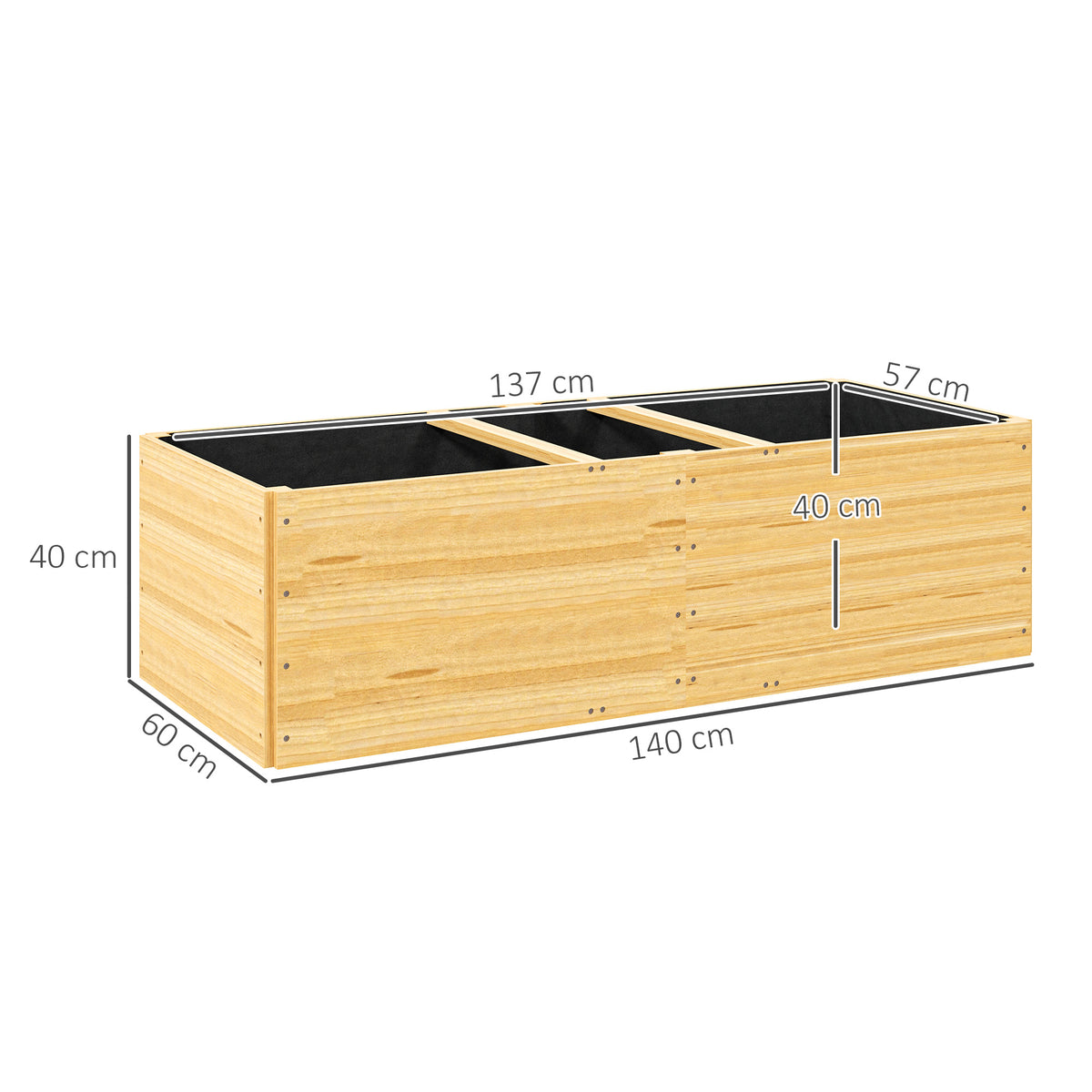 Jardinière extérieur, carré potager en bois, 3 compartiments de plantation et doublure inclus, 140x60x40cm, naturel
