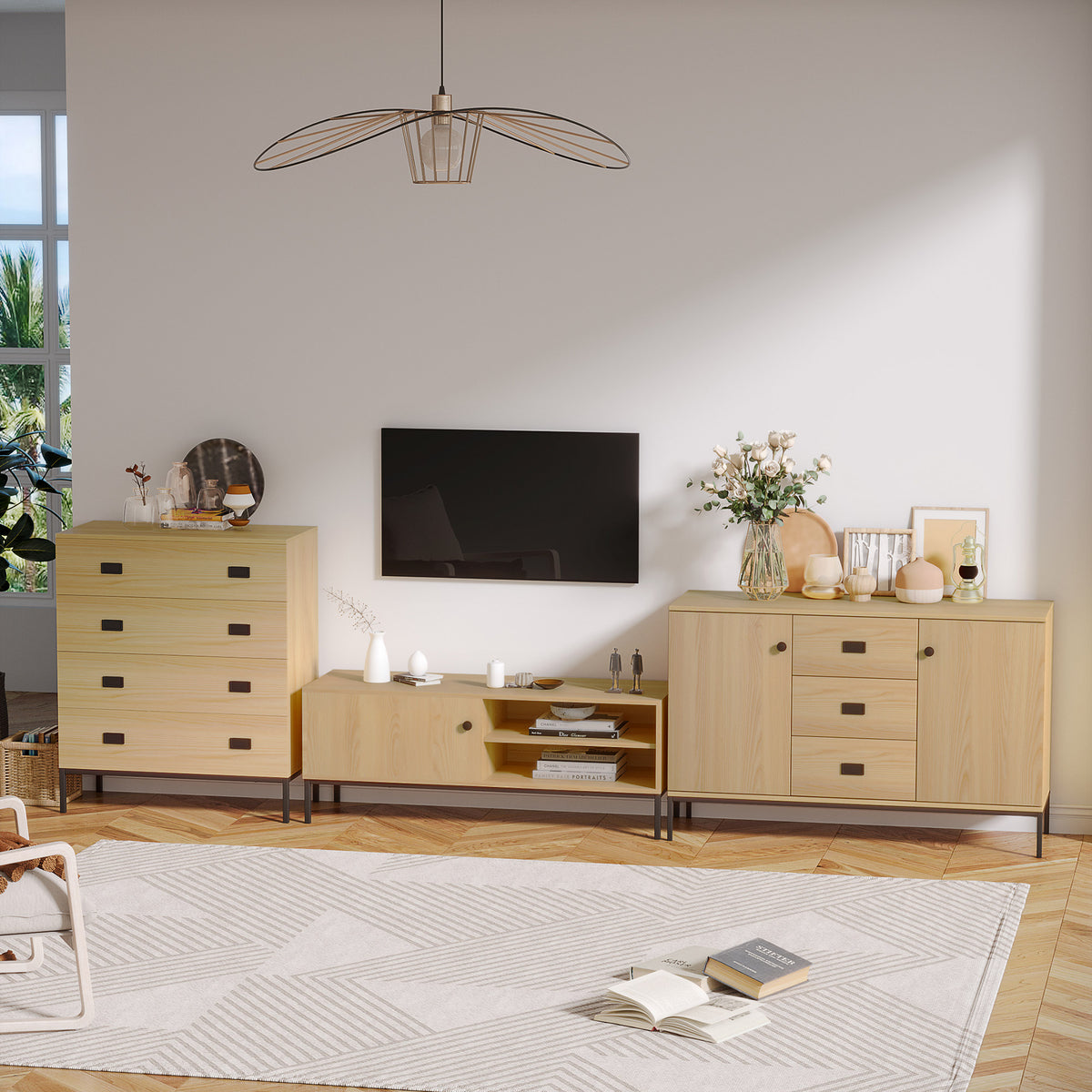 Meuble TV max. 50 pouces 3 compartiments 2 passe-câbles avec porte coulissante - dim. 120L x 39,5l x 46H cm
