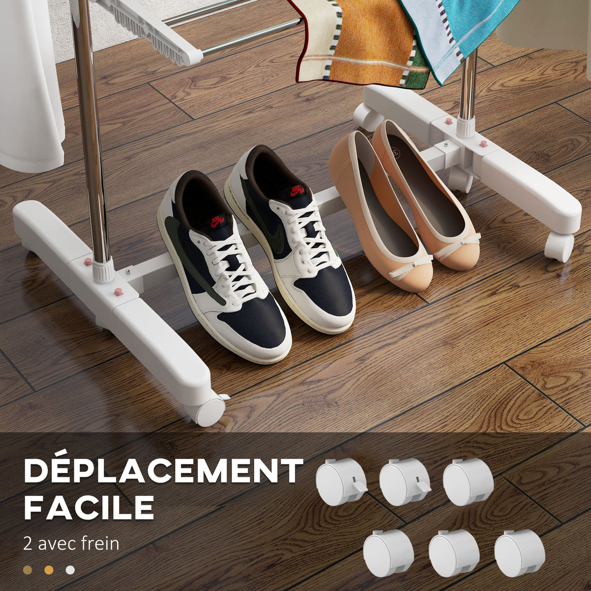 Étendoir à Linge 3 Niveaux, Sechoir a Linge avec 6 Roulettes, Pliable, Cadre en Acier Inoxydable et Ailes Latérales, pour Intérieur Extérieur, 142 x 55 x 152 cm, Blanc