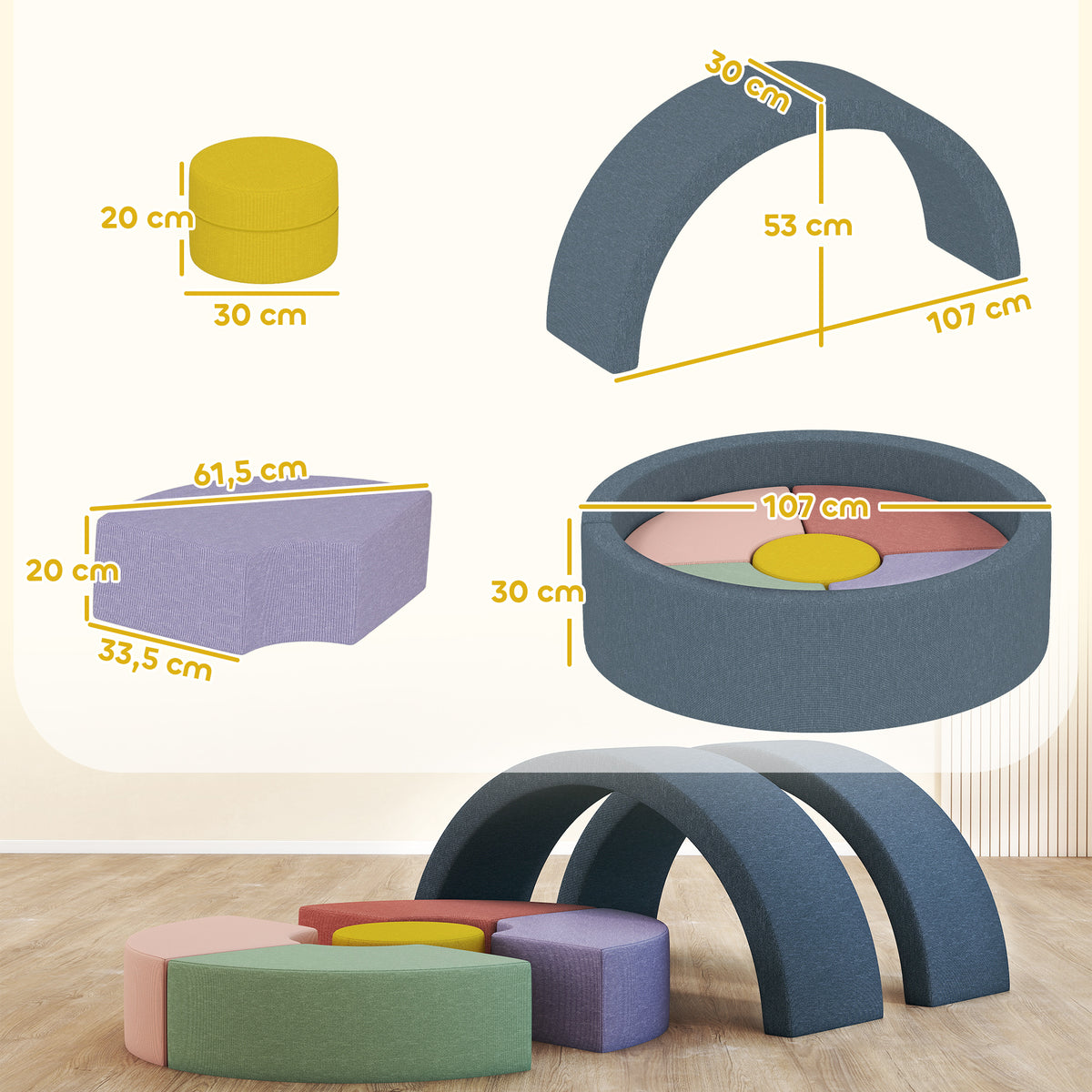 Parcours motricité bébé module motricité bébé 7 pièces avec housse lavable 107 x 107 x 30 cm multicolore