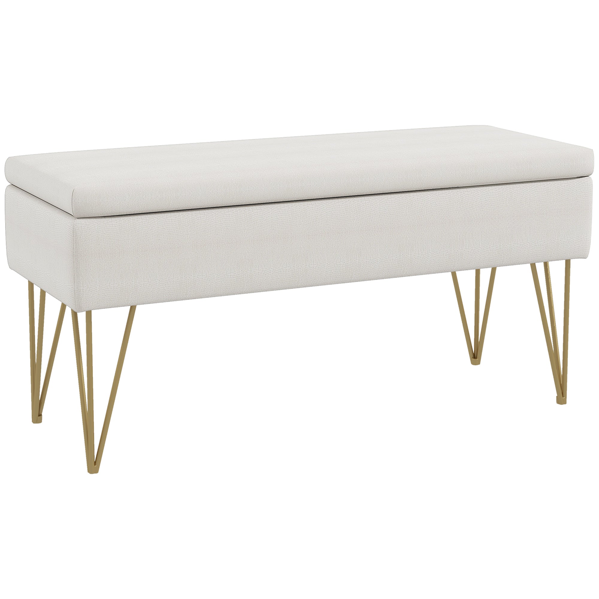 2-in-1-Sitzbank mit Stauraum aus Stoff mit goldenen Haarnadelbeinen aus Stahl, 100 x 40 x 49 cm, Creme