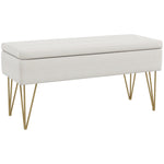 Banco baúl de almacenamiento 2 en 1 de tela con patas de horquilla de acero dorado 100 x 40 x 49 cm crema