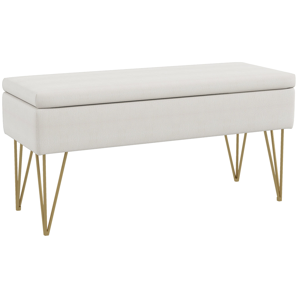 Banco baúl de almacenamiento 2 en 1 de tela con patas de horquilla de acero dorado 100 x 40 x 49 cm crema