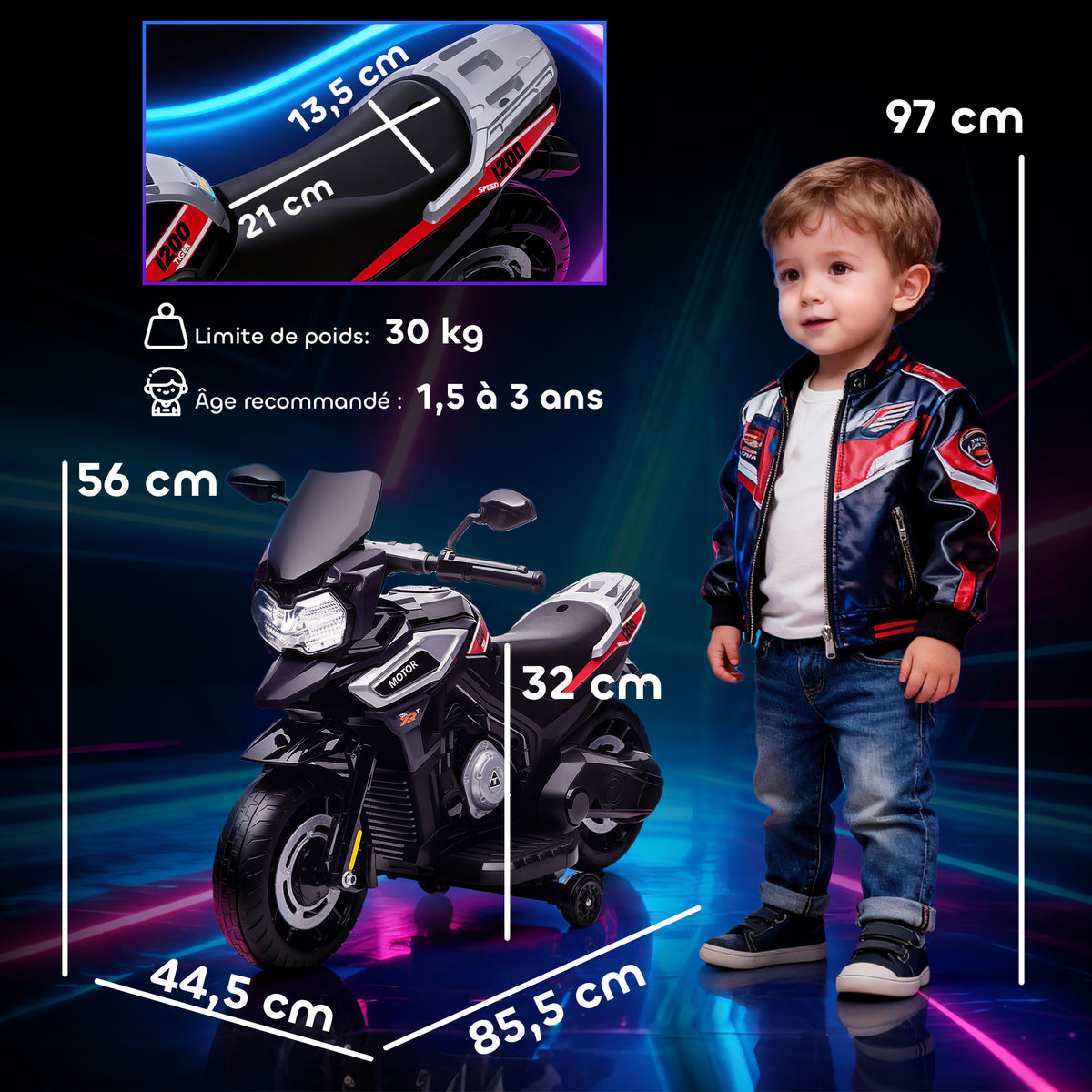 Elektromotorrad für Kinder 6 V, Elektroauto für Kinder mit Stützrädern, Musik, Lichteffekten, schwarz