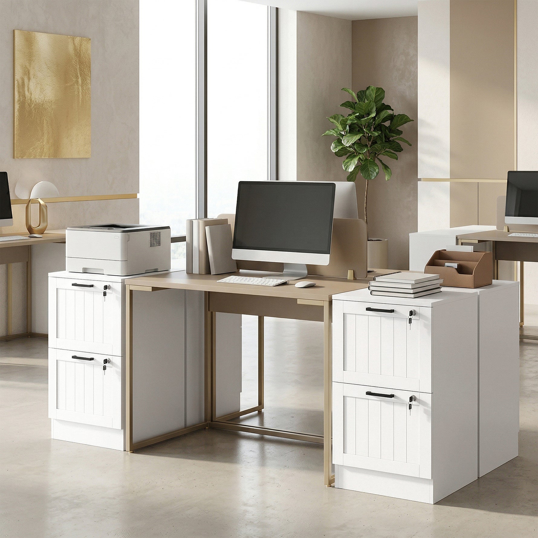 Caisson bureau, meuble rangement bois 2 tiroirs et serrure, barres de suspension réglables, 40 x 40 x 71 cm, blanc