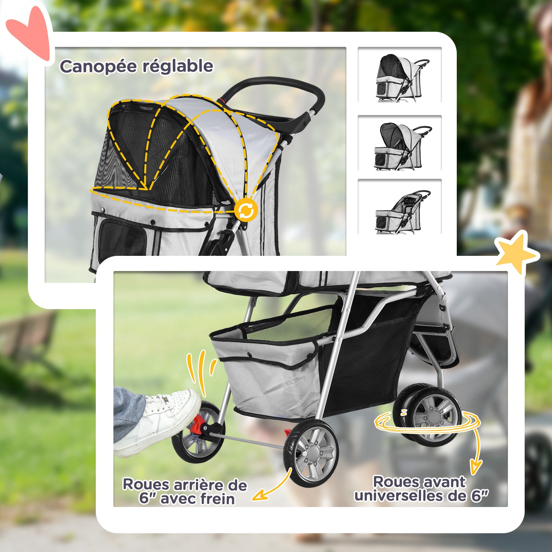 Poussette Buggy Pliable Animaux, Chariot Pliant Chien Chat, Porte-Gobelet Panier De Rangement Inclus, Roues Avec Frein, Tissu 600D Oxford Acier, 75 x 45 x 97 cm Gris