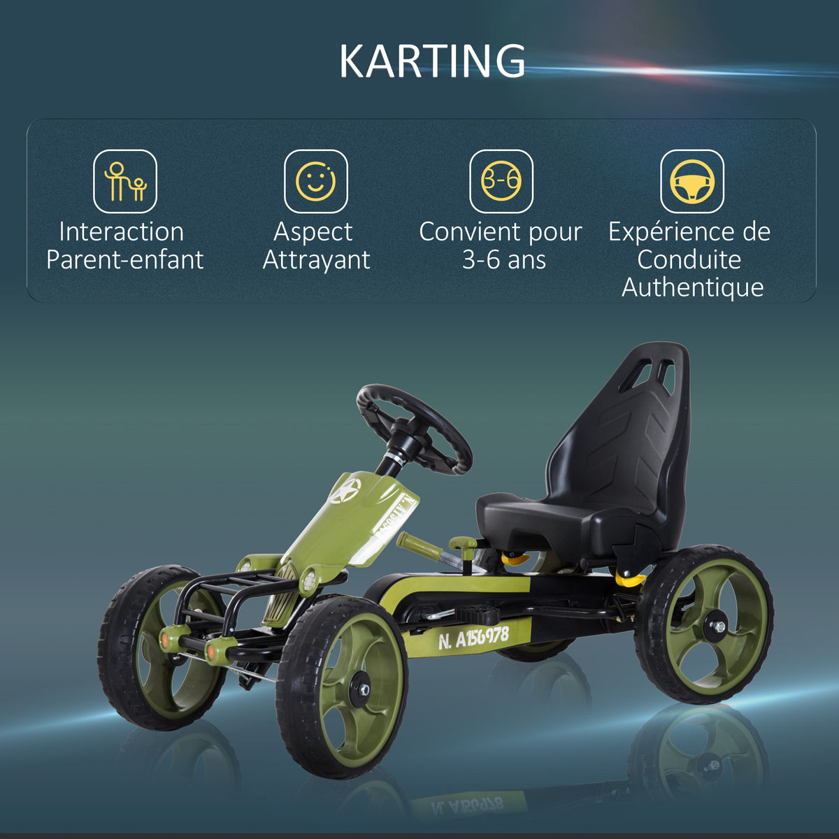 Vélo et véhicule pour Enfants Kart à pédales siège réglable Frein Manuel Roues AR EVA Acier Vert Noir