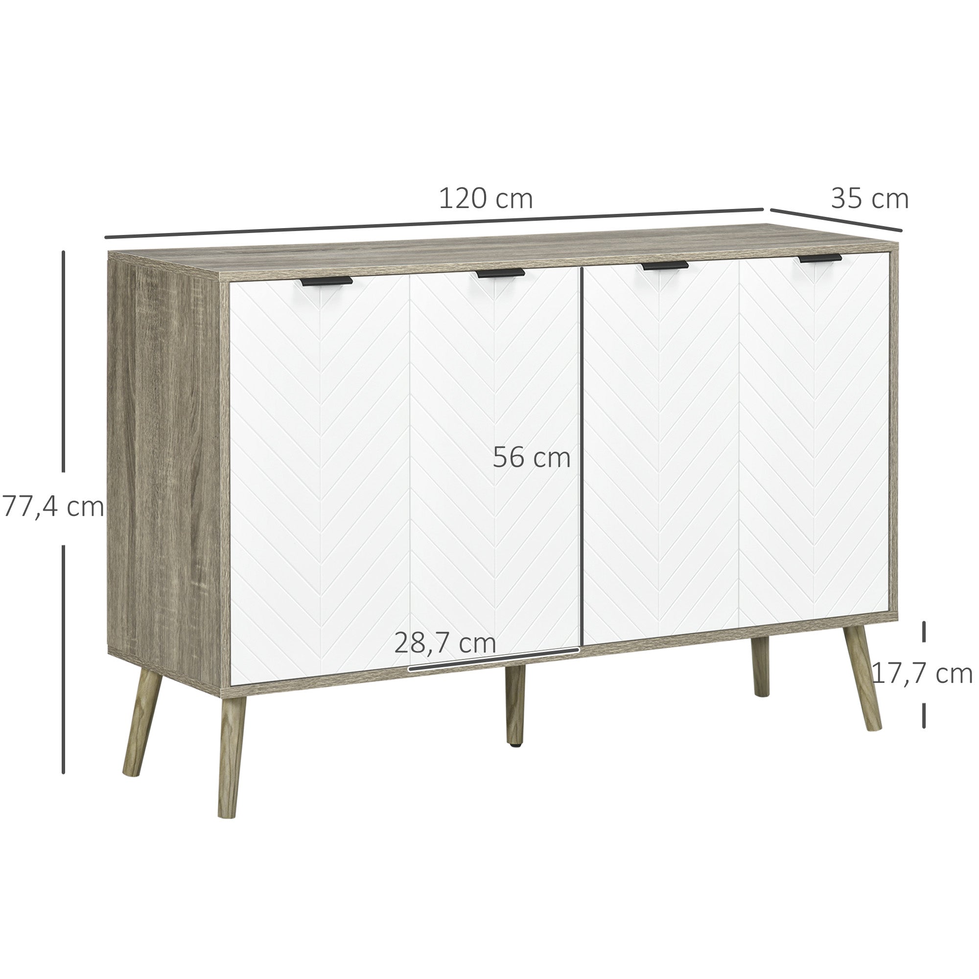 Lowboard Aufbewahrungsschrank 2 Fächer 4 Türen Fischgrätenmuster verstellbare Einlegeböden 120 x 35 x 77,4 cm Weiß und Grau