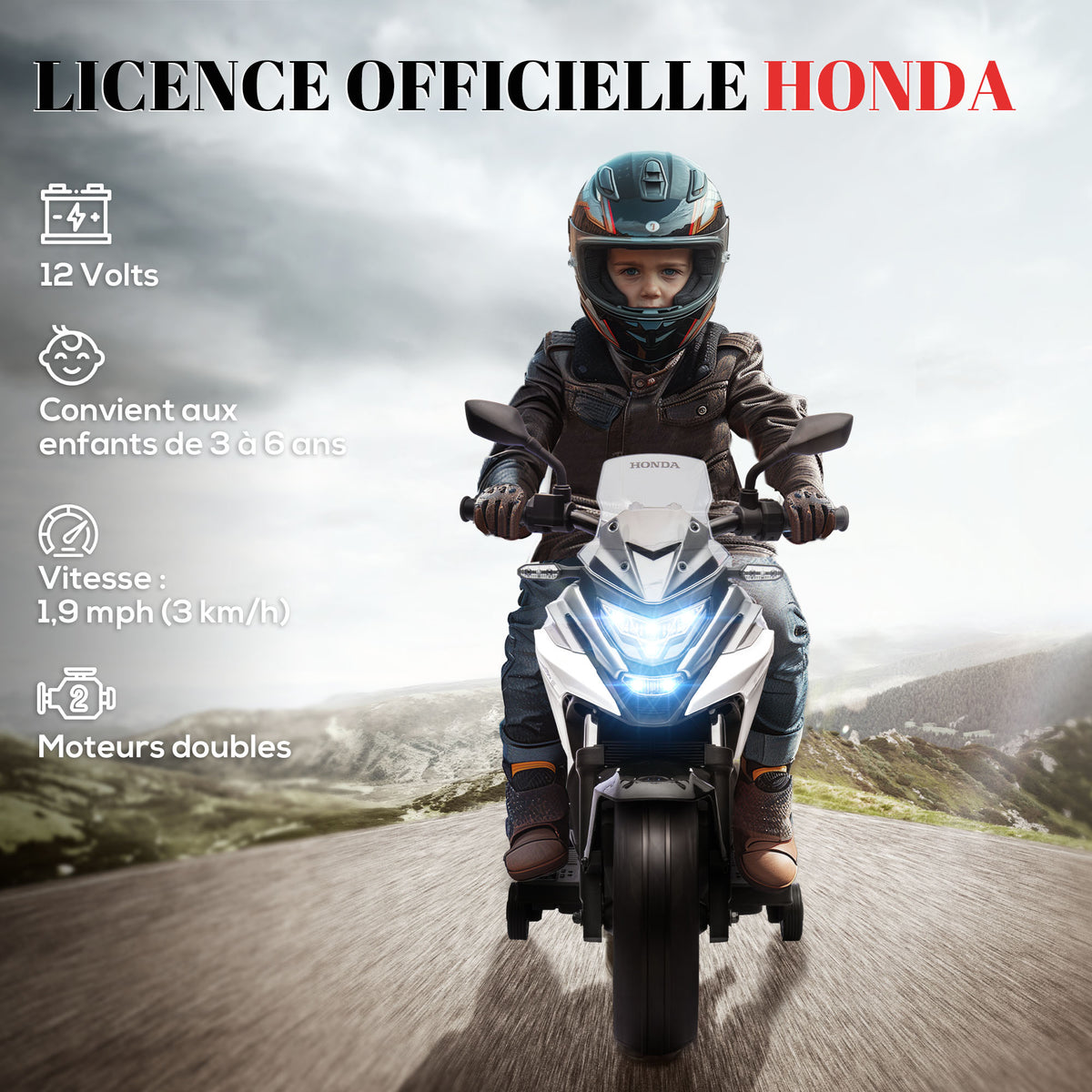Moto électrique pour enfants moto porteur Honda pour enfants 3 à 6 ans avec musique, phares blanc