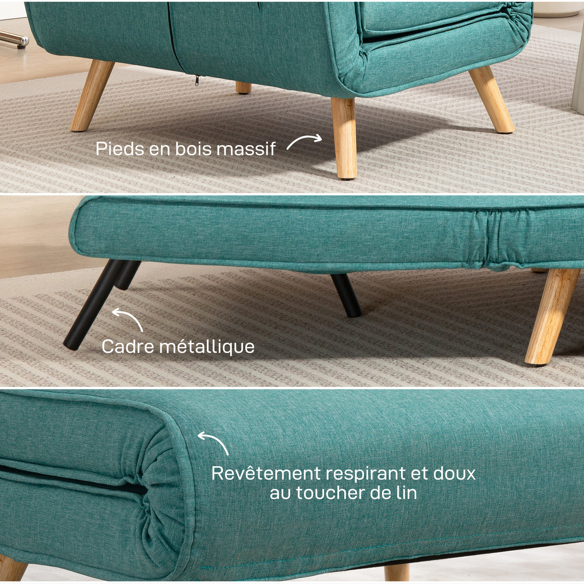 Besaulki bihurgarri bakarrekoa, 3-in-1 klik-klak sofa-ohea, 5 posiziotako bizkarralde erregulagarriarekin, burko barne, berdea