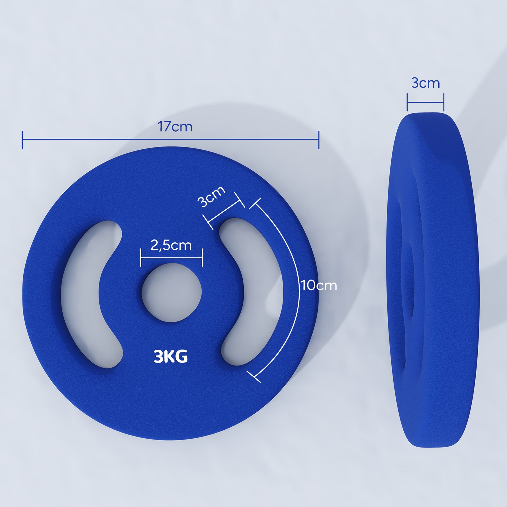 Lot de 2 plaques de poids 2 x 3 kg disques d'haltères pour barres Ø 2,5 cm avec poignées faciles à saisir en métal, bleu