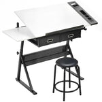 Drawing table with stool and 2 drawers, adjustable height, tiltable tabletop 0° to 60°, 120 x 60 x 68-92 cm, white