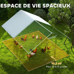 Poulailler, grand poulailler en métal avec couverture imperméable et anti-UV, cage pour 10-15 poules, 3 x 3,4 x 1,9m