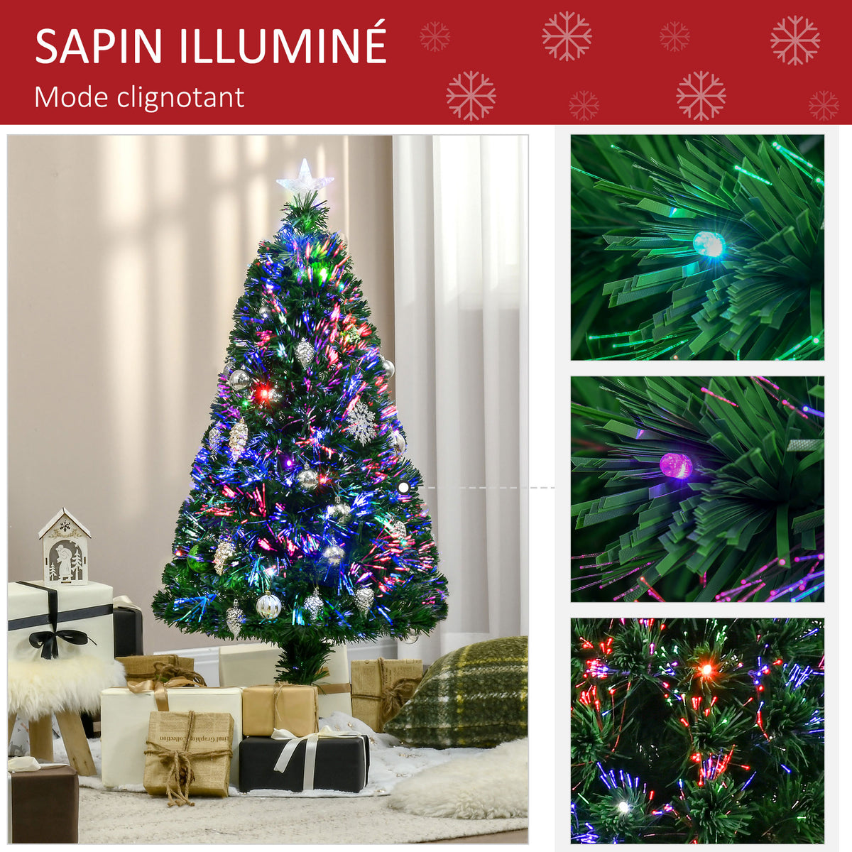 Sapin de Noël Artificiel Lumineux 120H cm Fibre Optique LED Multicolore + Support Pied 130 Branches étoile Sommet Brillante Vert