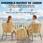 Ensemble Bistro Salon de Balcon 3 Pièces 2 Fauteuils Confortables et Table en Verre Trempé Coussins Déhoussables Beige