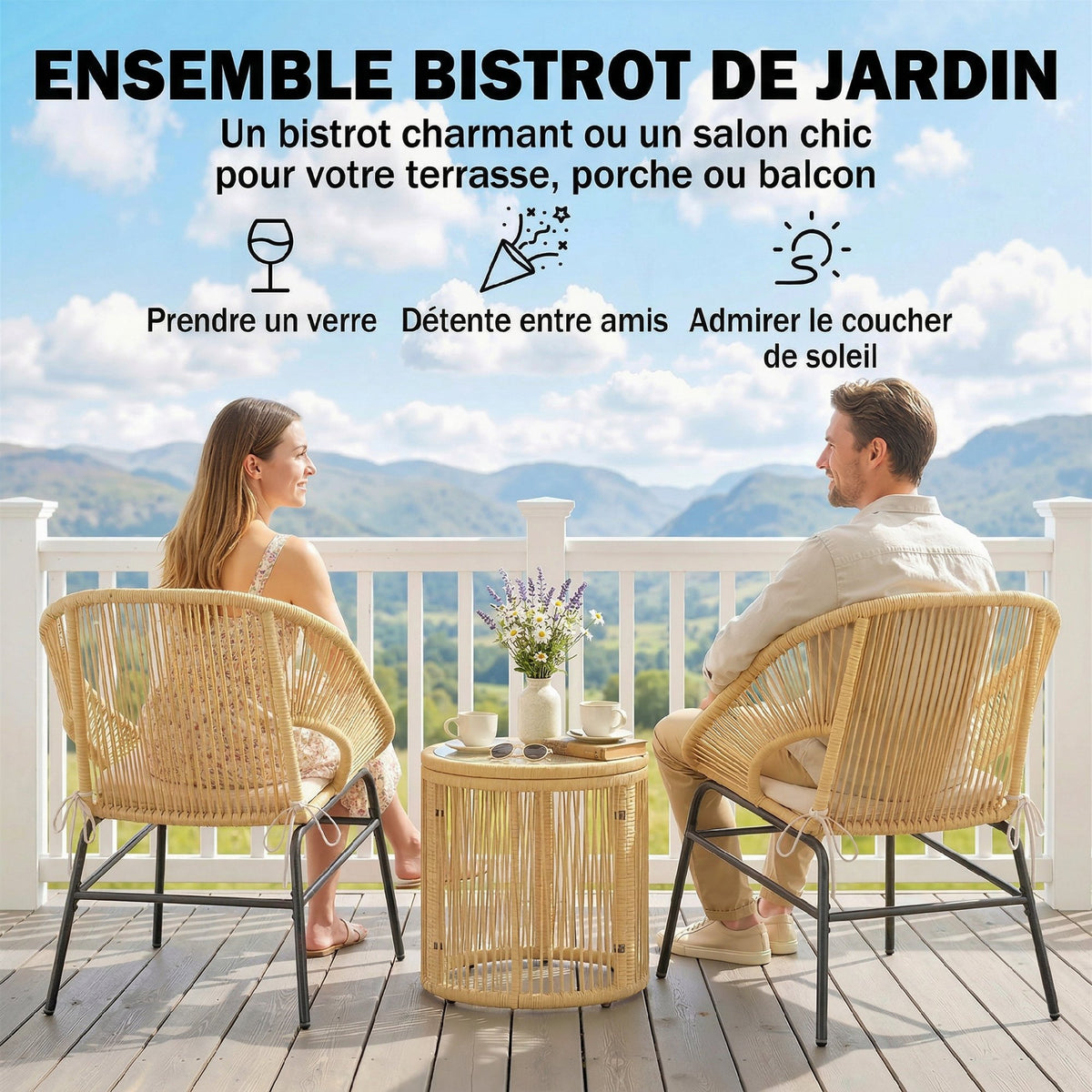 Ensemble Bistro Salon de Balcon 3 Pièces 2 Fauteuils Confortables et Table en Verre Trempé Coussins Déhoussables Beige