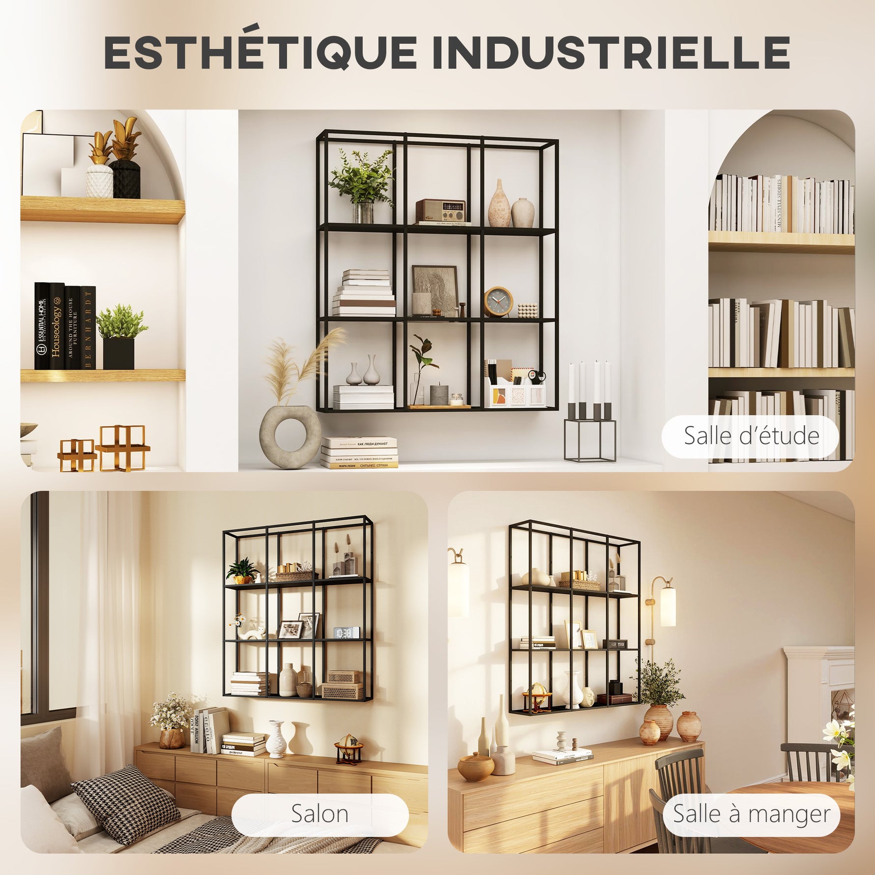 Étagère Murale Industrielle 9 Compartiments, Étagère Modulaire en Métal pour Objets de Collection, 87,5x18x100cm Noir