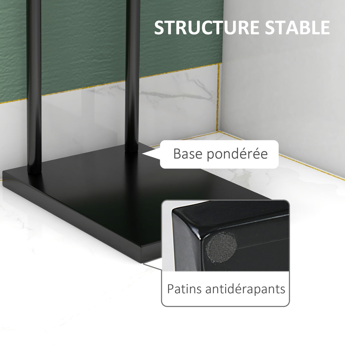 Porte-serviettes sur pied en acier avec 2 barres support pour serviette 35,5l x 20P x 78H cm - noir