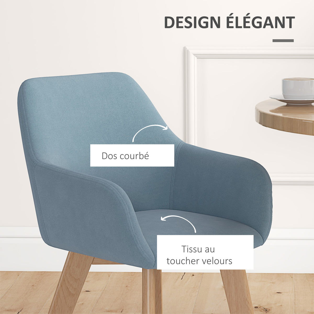 Lot de 2 chaises de salle à manger Fauteuil Assise rembourrée en tissu effet velours Pieds en bois, bleu