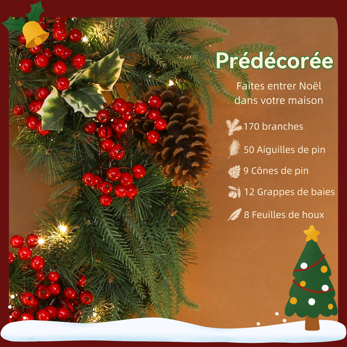 Beleuchteter Weihnachtskranz 60 cm mit 35 LEDs, Timer, 170 Zweigspitzen, Tannenzapfen, Beeren, Stechpalmenblättern, Grün