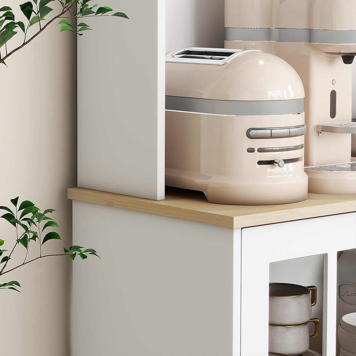 Aparador de cocina, mueble de cocina alto de almacenamiento, mueble de almacenamiento con encimera, 3 puertas acristaladas, 2