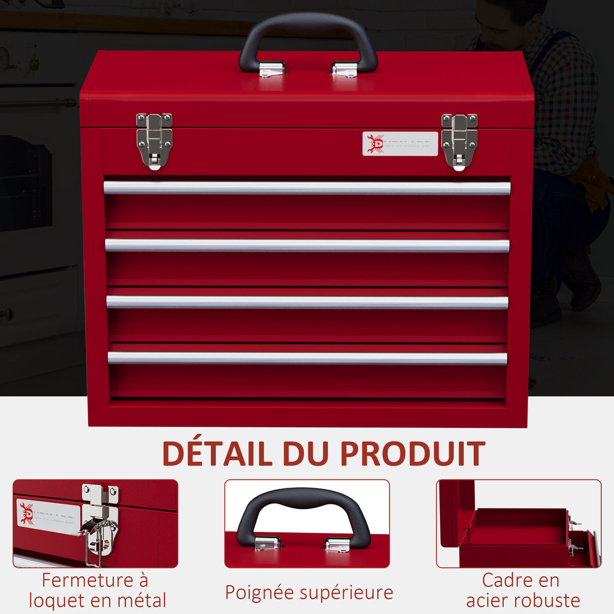 Boite à outils métallique coffret à outils caisse à outils 4 tiroirs + plateau tôle acier 51 x 22 x 39,5 cm rouge