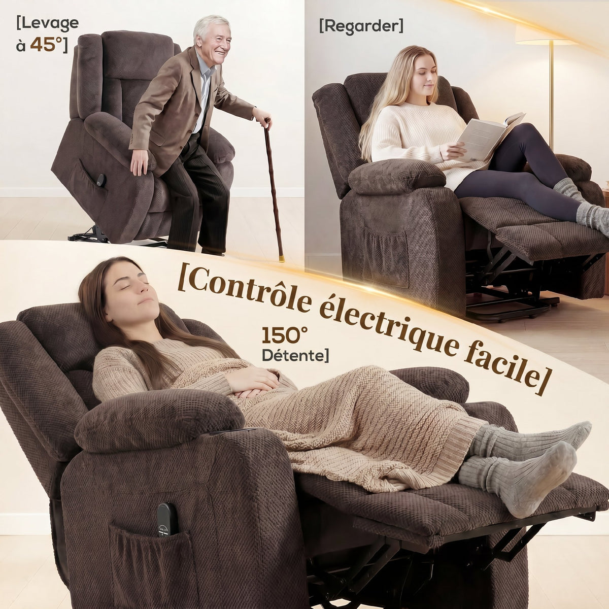 Fauteuil Releveur Électrique, Fauteuil Relax Électrique en Velours, Dossier Inclinable, Assise Large, Port USB, Marron