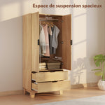 Armoire chambre penderie avec 2 portes à fermeture douce, 2 tiroirs et barre de suspension, 80x50x180cm, bois naturel