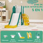Toboggan pour tout-petits 5 en 1 toboggan autoportant pour enfant avec panier de basket, télescope, 178x70x86cm, jaune