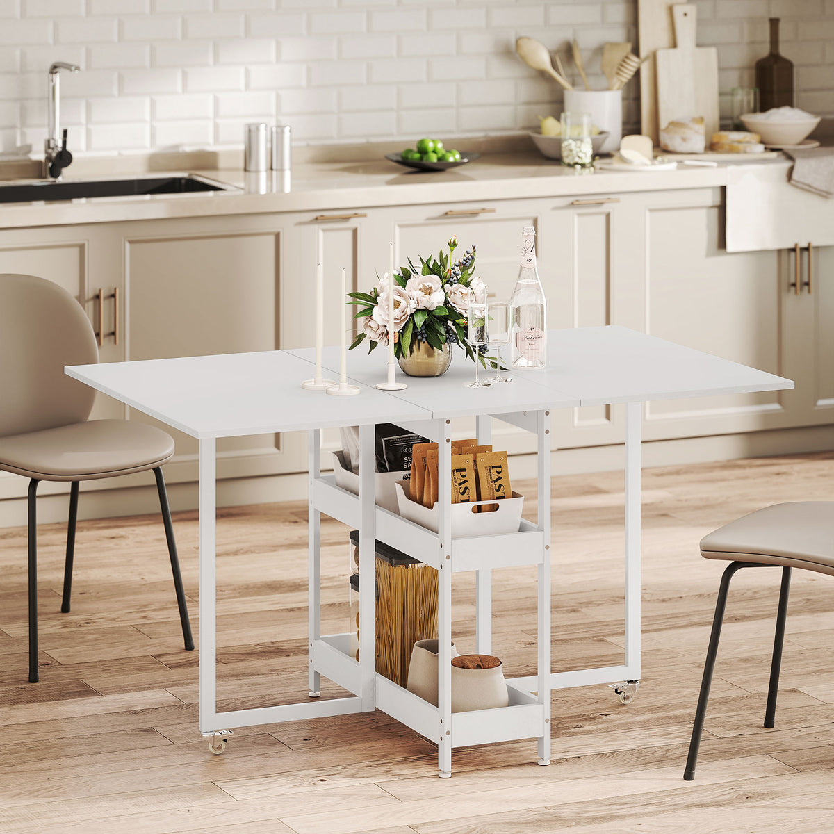 Tavolo da pranzo pieghevole con ruote per 4 persone con scomparti a giorno, per piccoli spazi, sala da pranzo, bianco