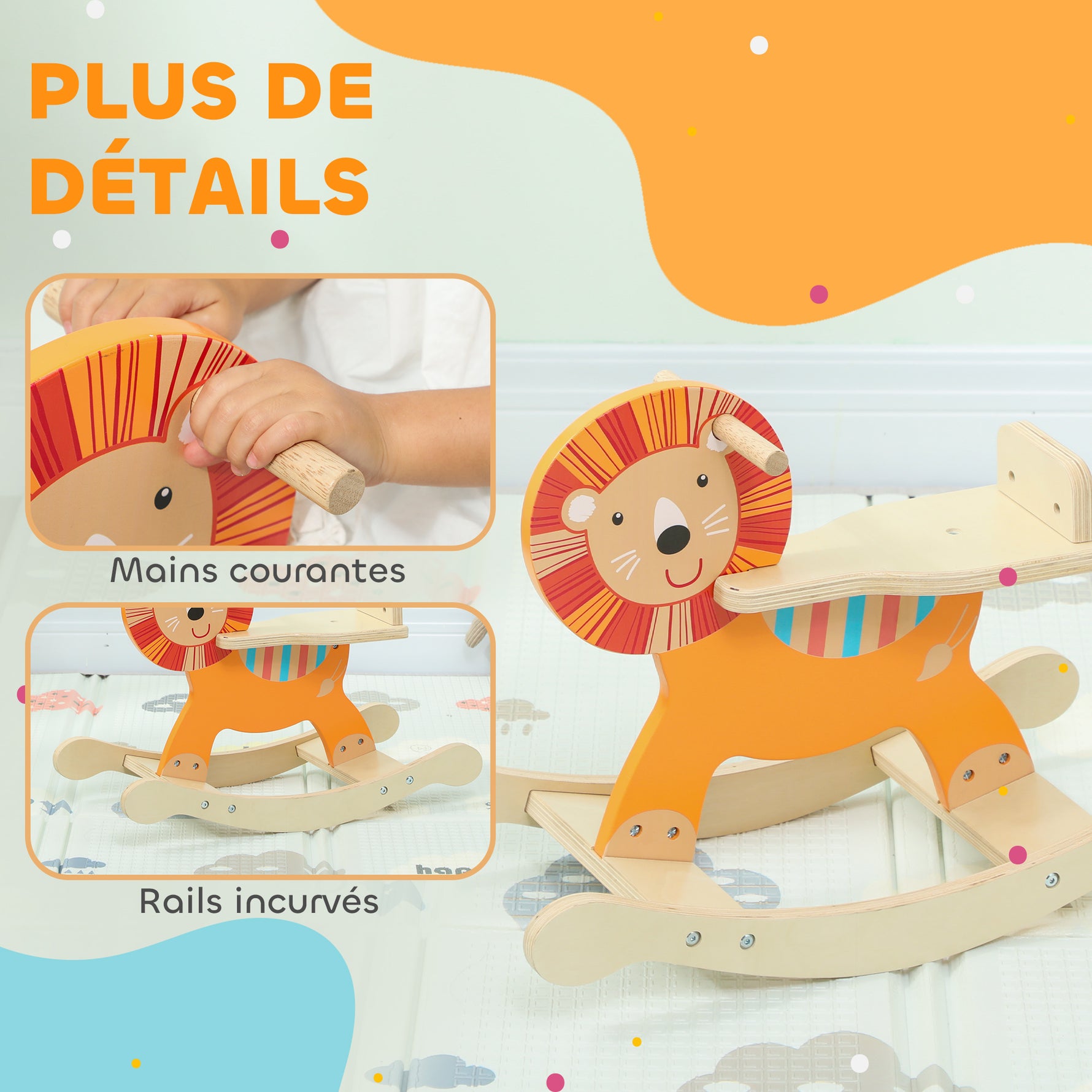 Cheval à bascule pour enfants, lion jouet à bascule bébé en bois avec guidon et base stable, 59 x 27 x 43 cm, orange