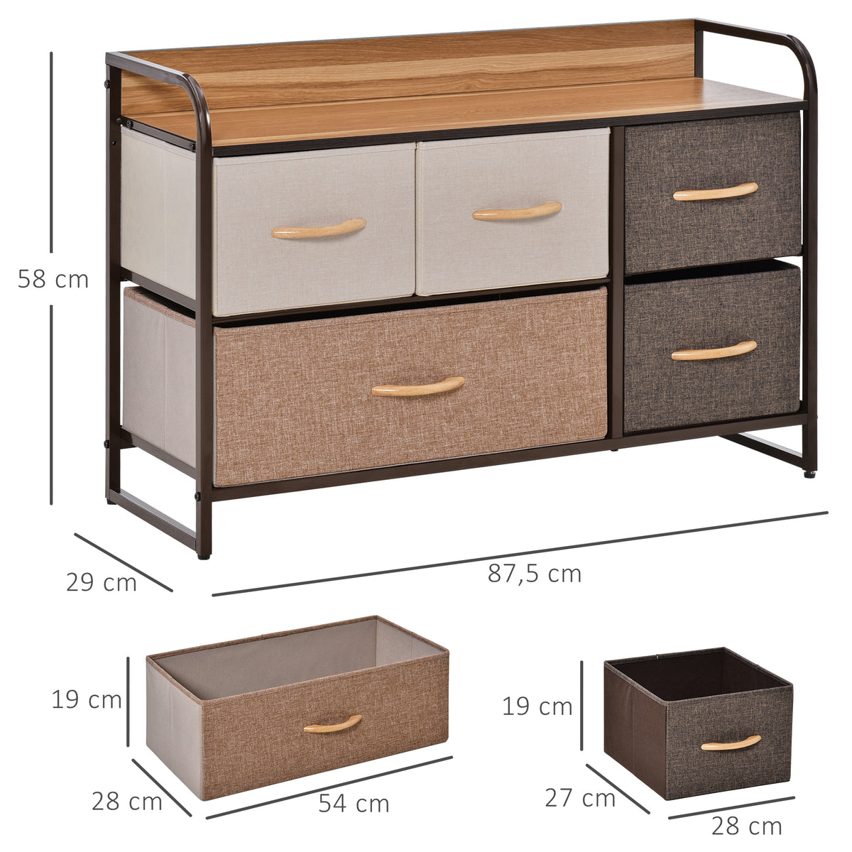 Commode Meuble de Rangement 5 tiroirs en Tissu 87,5 x 29 x 58 cm Marron et Beige