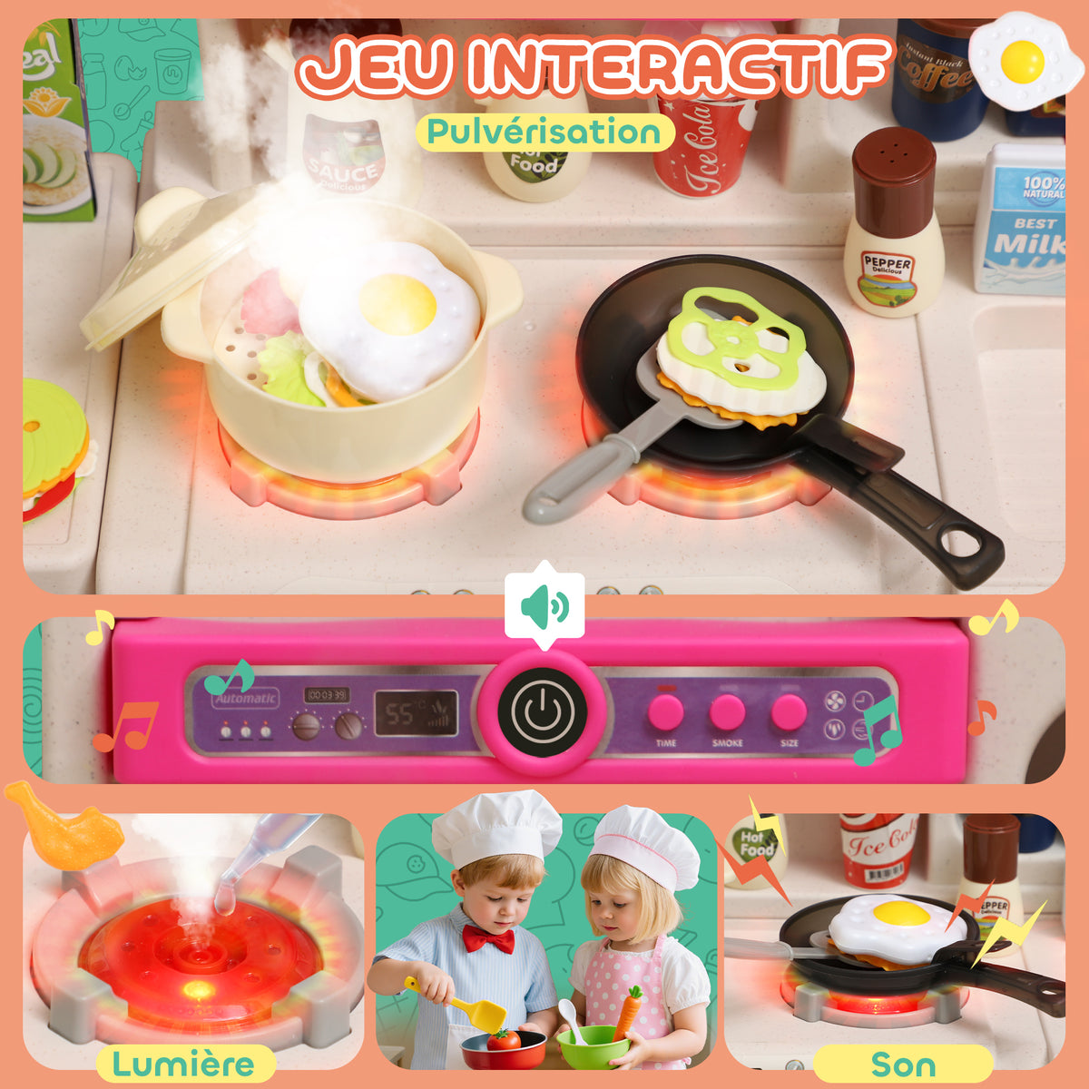 Cuisine enfant jouet d'imitation, dinette pour enfant avec lumières et sons réalistes, 52,5 x 22 x 100 cm, rose