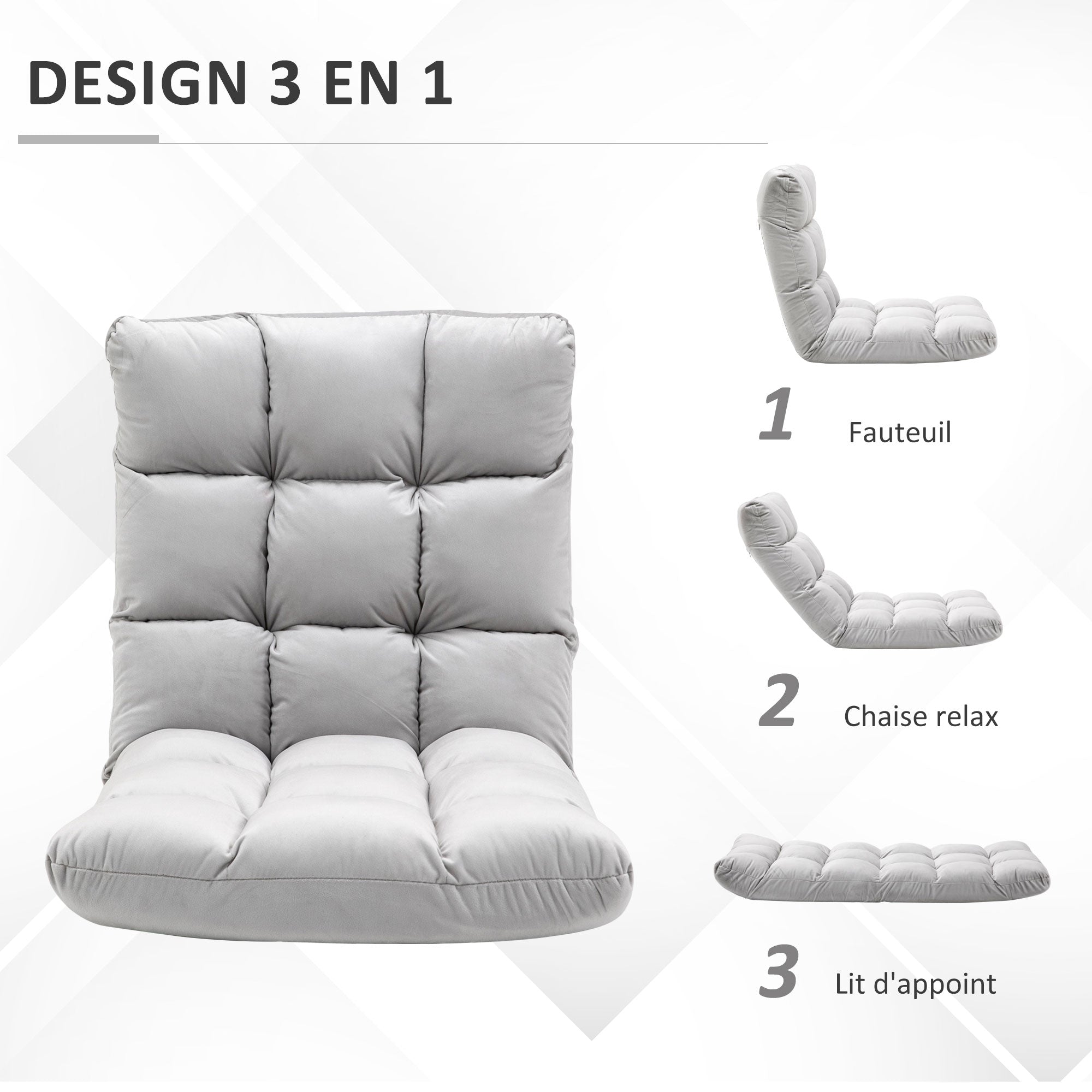 Fauteuil Convertible Fauteuil Paresseux Grand Confort Inclinaison Dossier Multipositions 90°-180° Flanelle Polyester capitonné Gris Clair