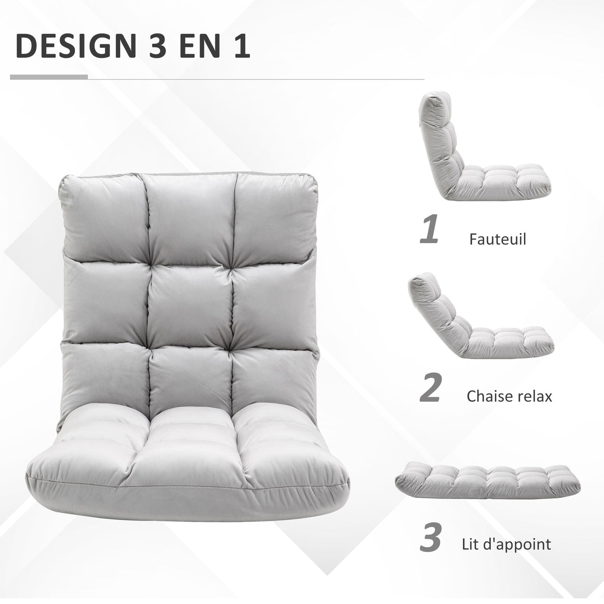Sillón convertible sillón perezoso gran confort reclinable respaldo multiposiciones 90°-180° franela poliéster acolchado gris claro