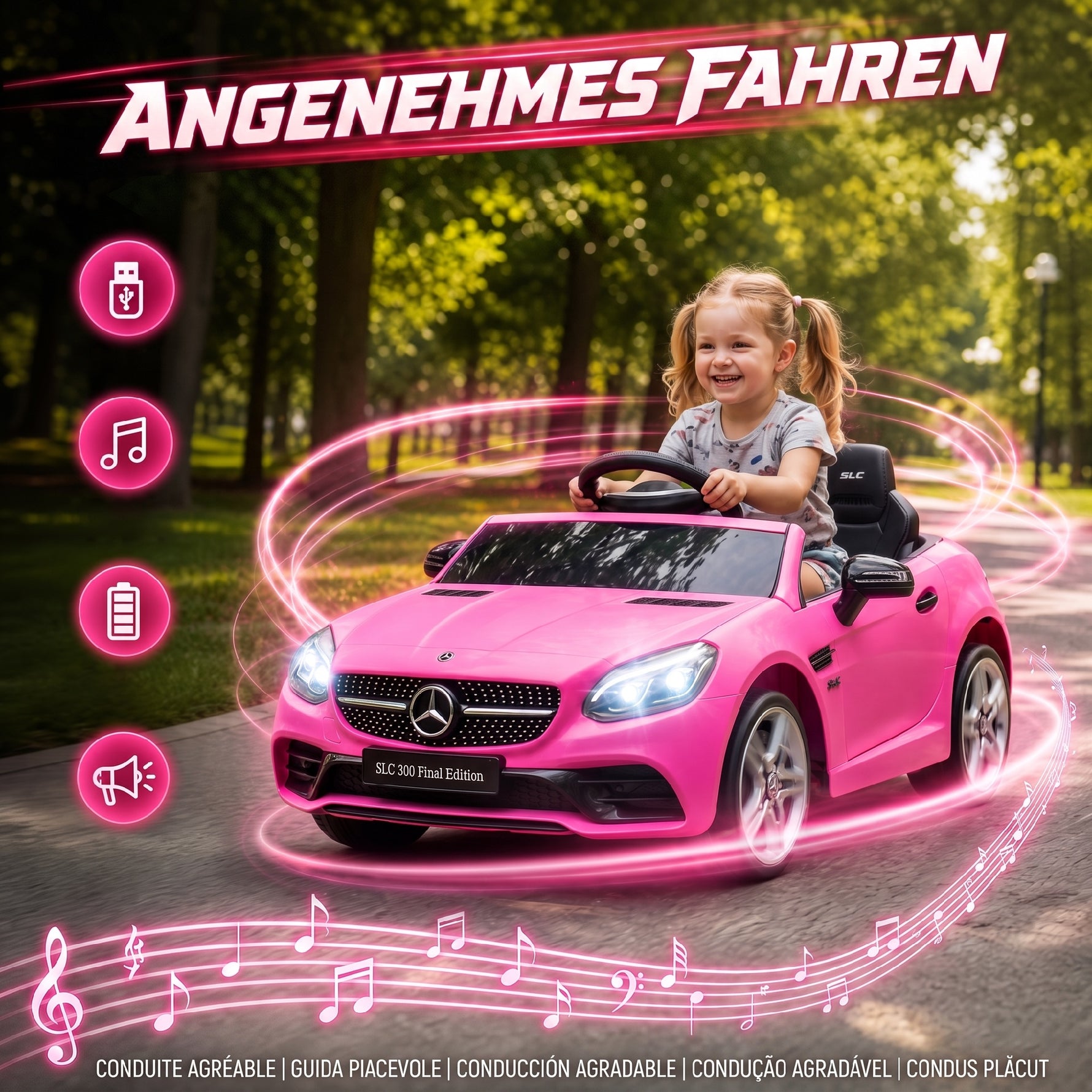 Voiture électrique enfants licence Mercedes SLC 300 12V V. Max. 5 Km/h effets sonores lumineux télécommande rose