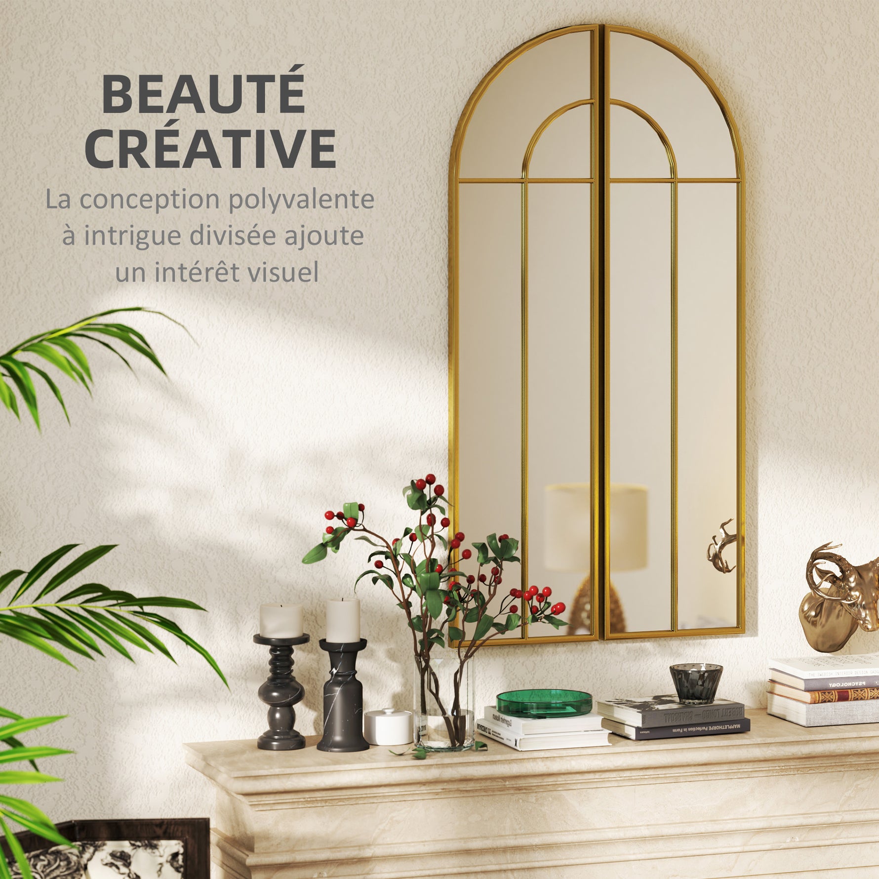 Miroir mural arc 30 x 120 cm, grand miroir décoratif avec cadre métallique, pour salon, chambre, couloir, ton doré