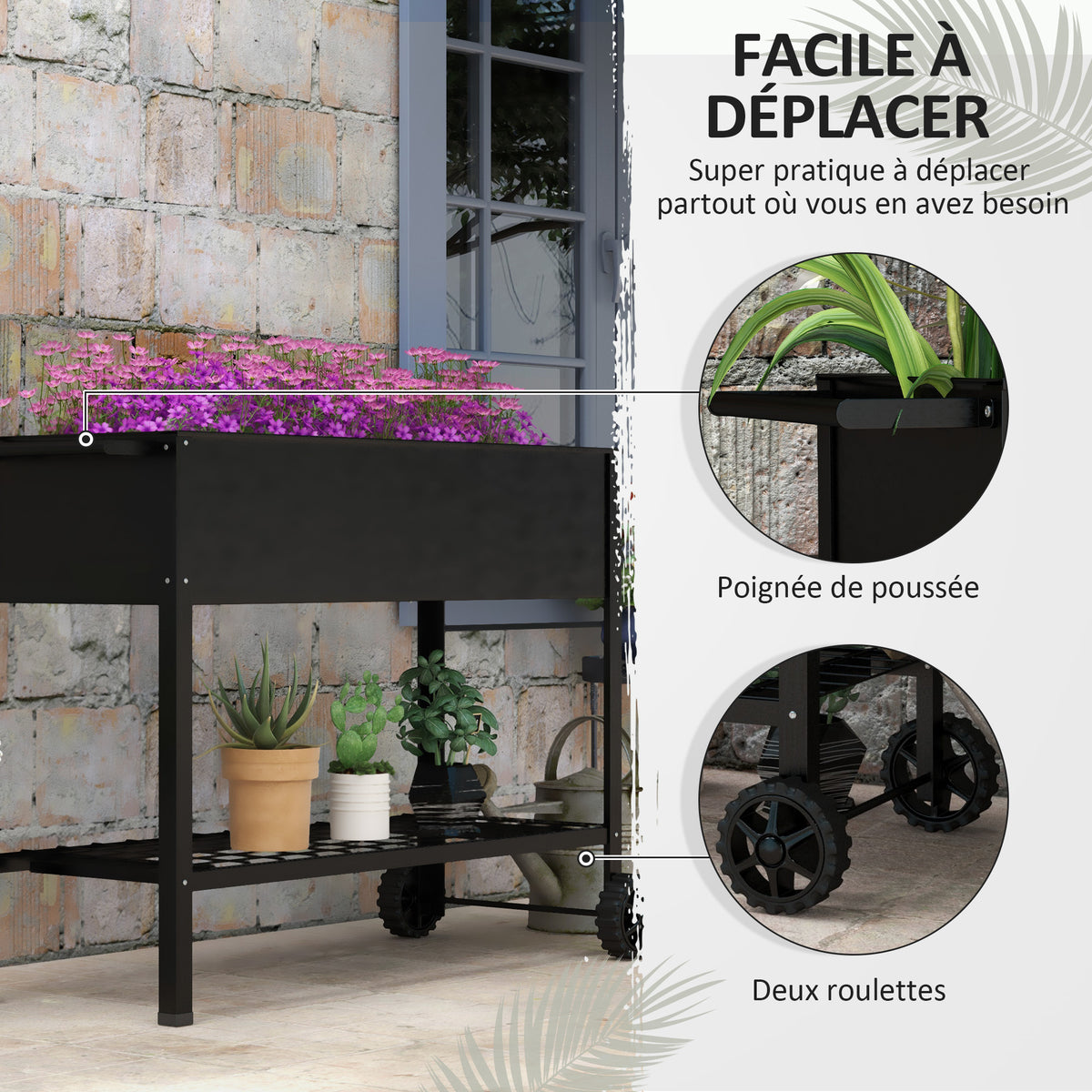 Jardinière sur Pieds Potager dim. 109L x 39l x 80H cm étagère 2 Roues + Insert d'irrigation métal Noir