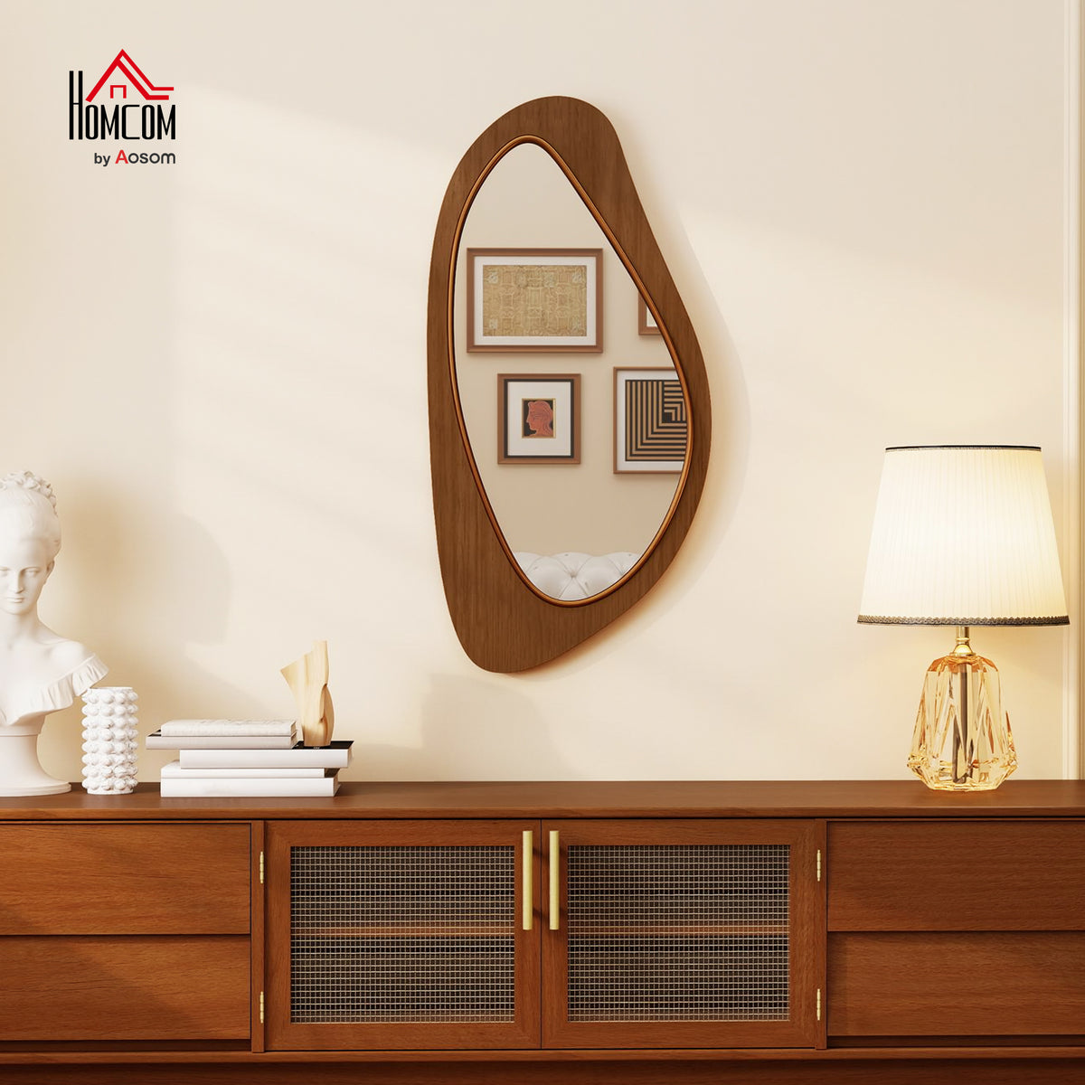 Miroir mural asymétrique 91,5 x 45 cm, miroir suspendu moderne, cadre en bois, effet bois naturel