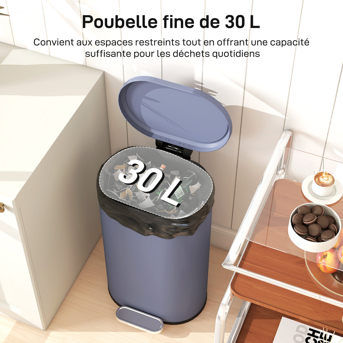 Poubelle cuisine 30L, poubelle à pédale, seau intérieur amovible, couvercle à fermeture douce, 36,5x31x61cm, gris