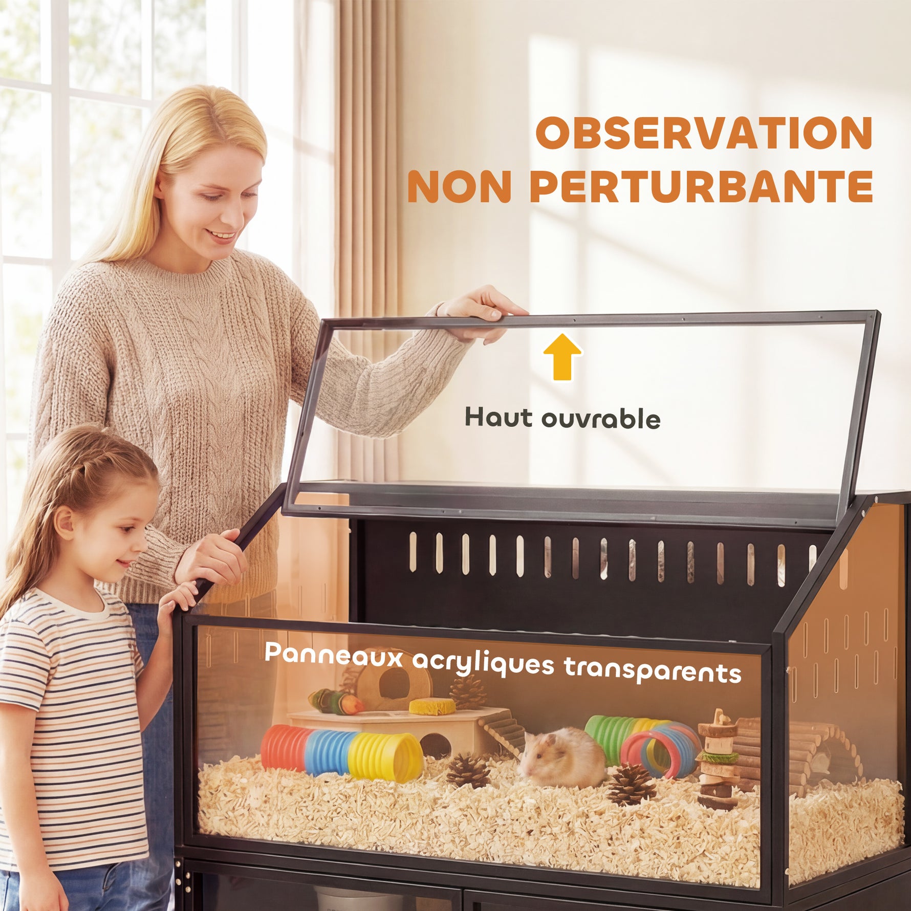 Cage Hamster 2-en-1 avec Armoire de Rangement pour Rongeur Hamster Syrien et Souris Acier et Acrylique Noir