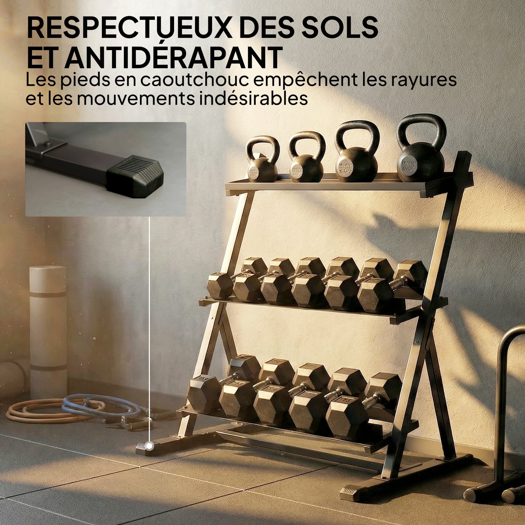 Support pour haltères à 3 niveaux, support de poids réglable en acier pour haltères, kettlebells, noir