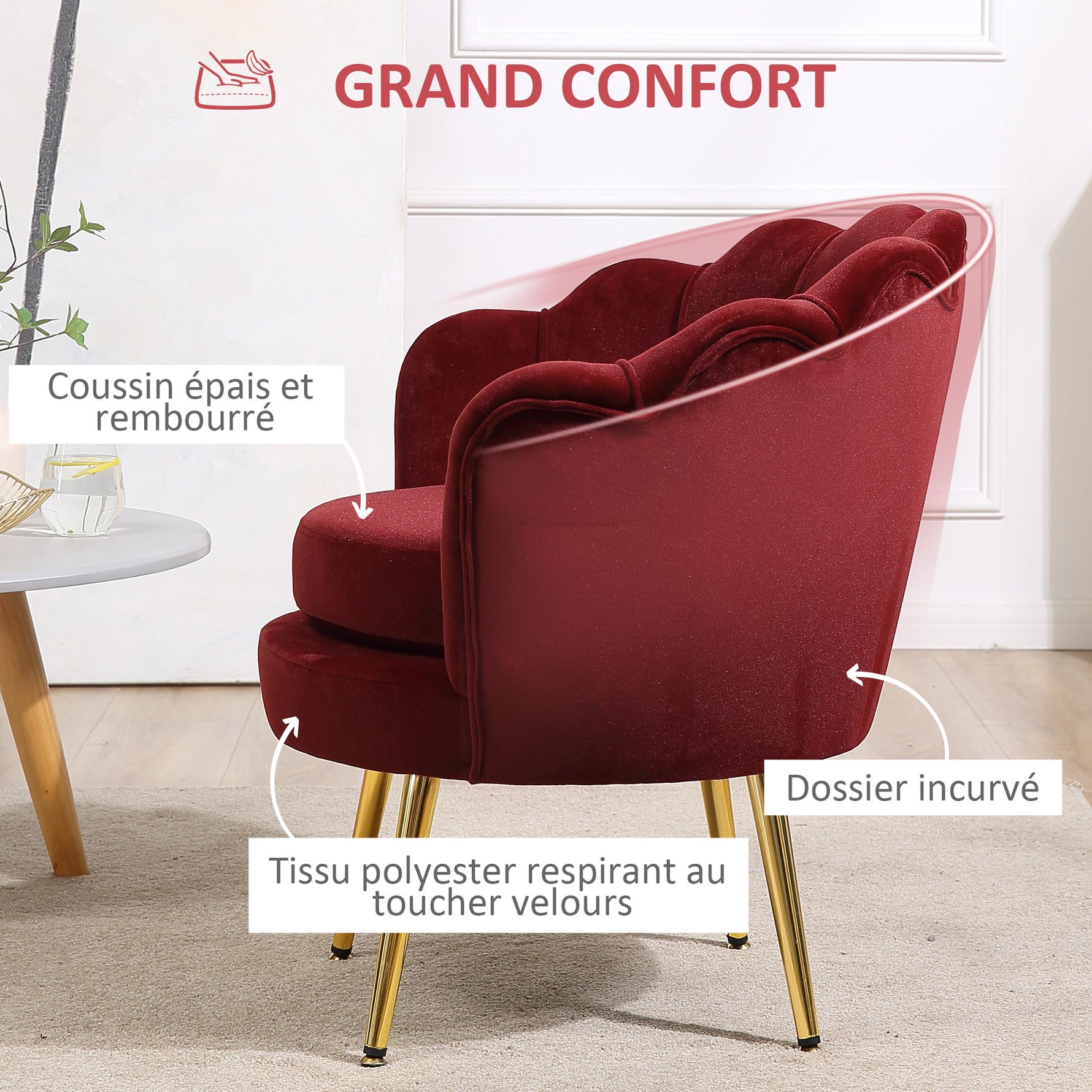 Fauteuil salon fauteuil en velours fauteuil coquillage avec pieds en métal doré pour chambre à coucher, rouge