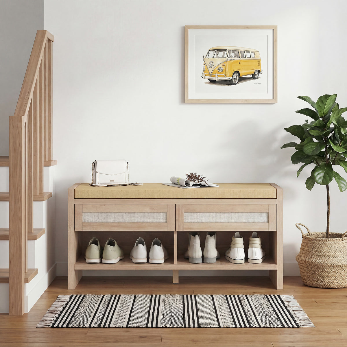 Banc chaussures entrée, banc de rangement, assise rembourrée en lin, 2 tiroirs en rotin et étagère ouverte, chêne