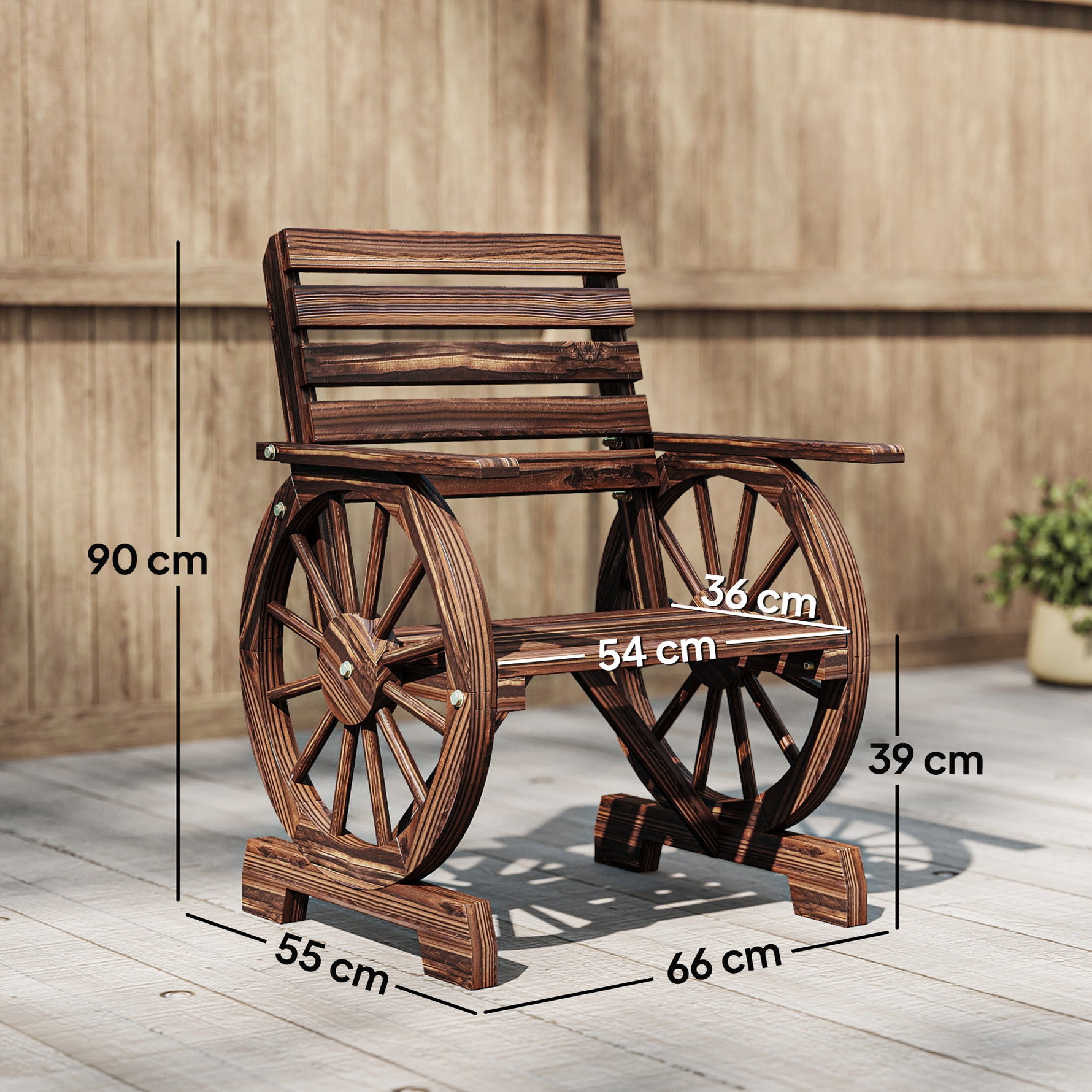 Chaise de Jardin en Bois, Style Roue de Chariot, Siège Large à Lattes, Dossier Incliné, 66x55x90cm, Finition Carbonisée