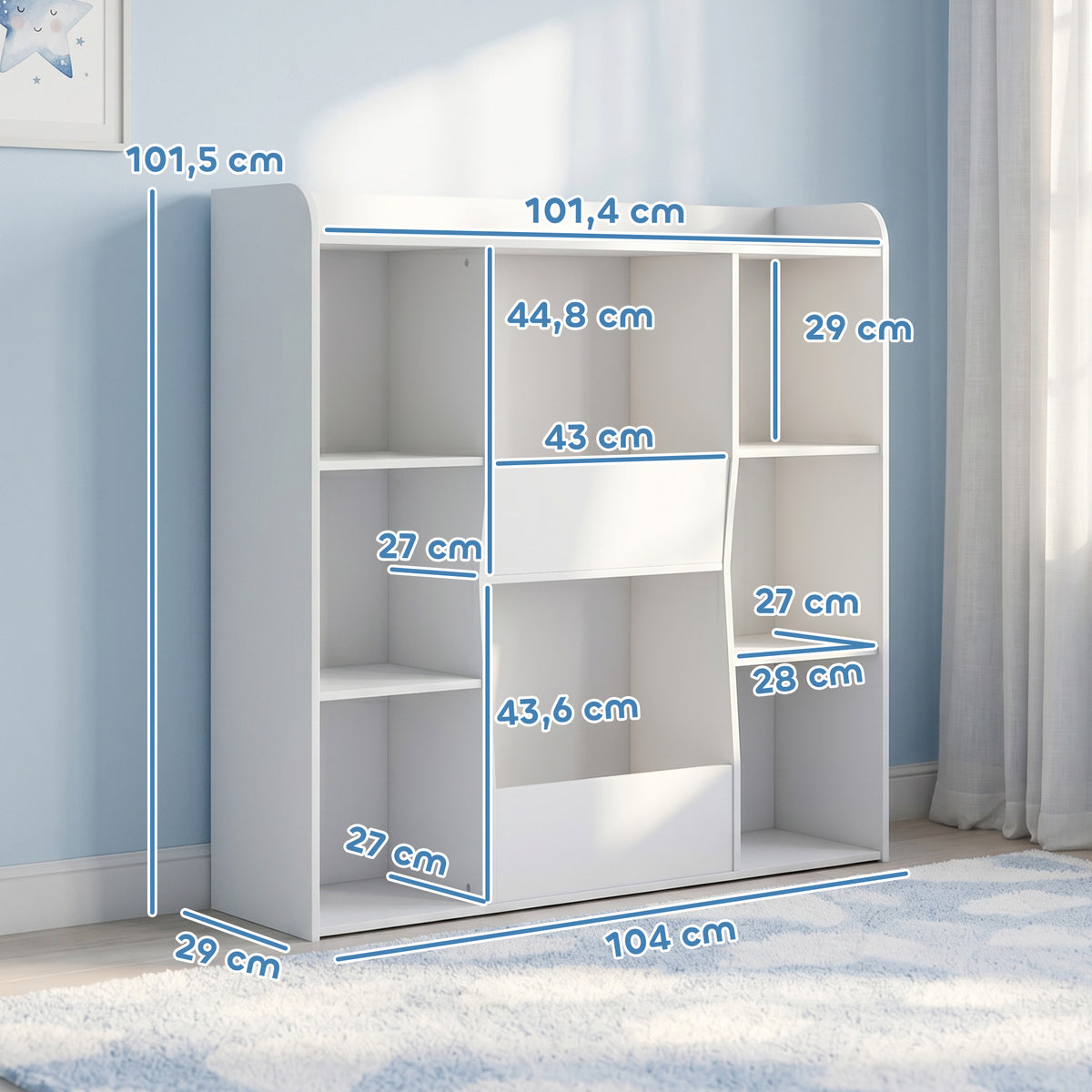 Meuble rangement enfant, bibliothèque enfants avec 8 compartiments et étagère supérieure, 104 x 29 x 101,5 cm, blanc