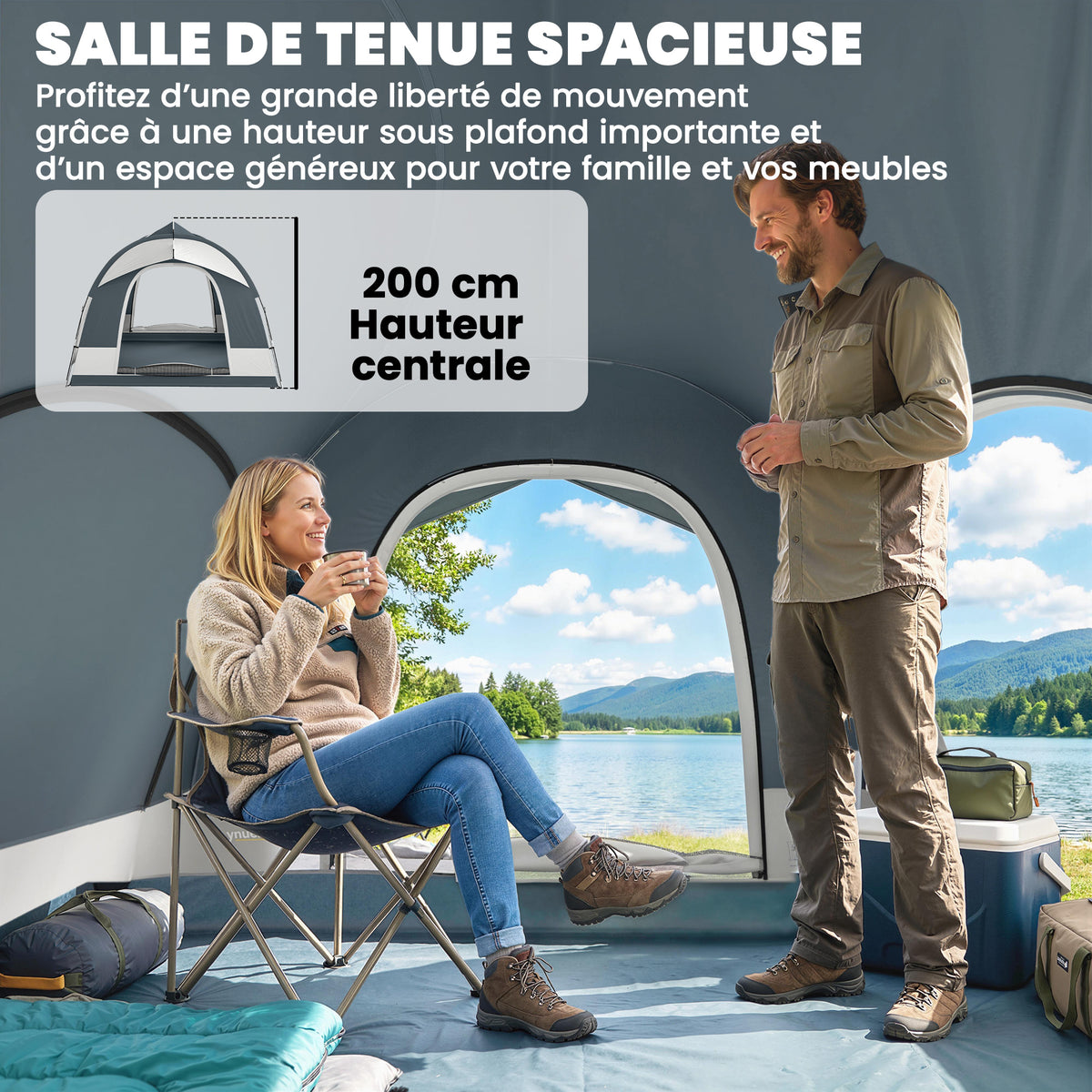 Tente de Camping Facile à Monter 2-4 Personnes avec 3 Portes, Imperméable, Compatible avec SUV, Bleu Foncé