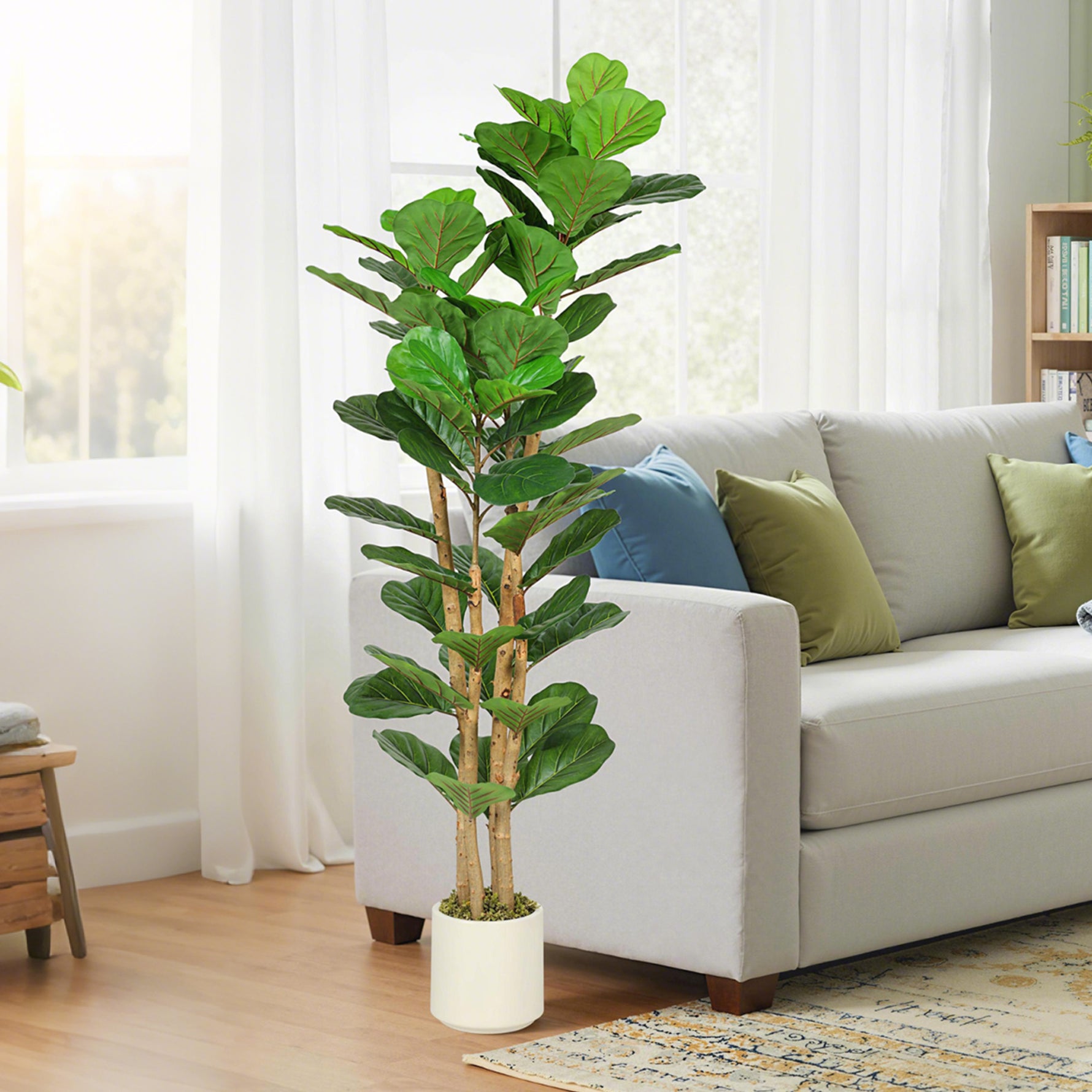 Plante artificielle intérieure 150 cm Figuier lyre arbre artificiel avec pot en plastique et tronc en bois massif, vert