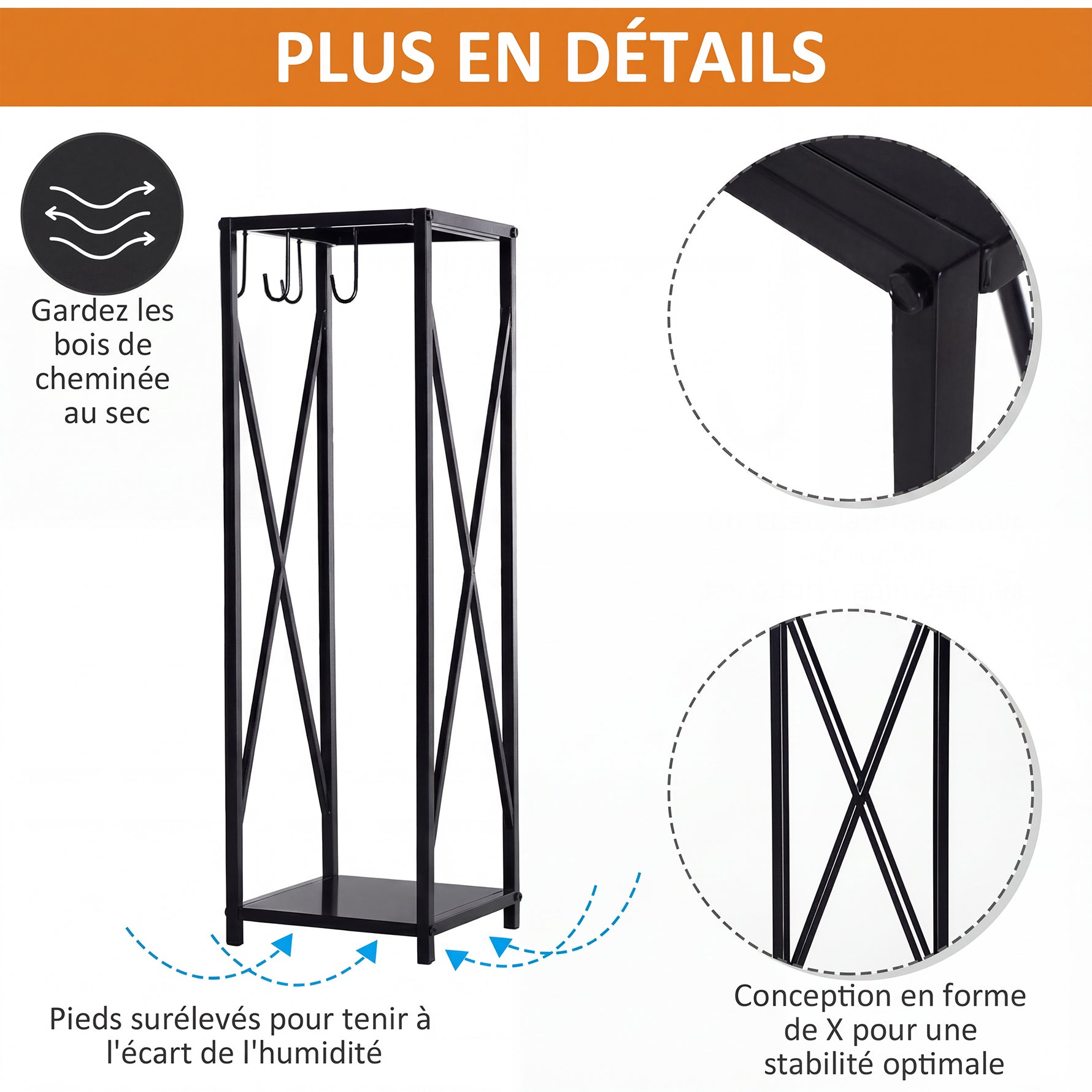 Porte bûches - Range bûches Serviteur de cheminée Colonne - Multi Accessoires dim. 34L x 34l x 111H cm métal Noir